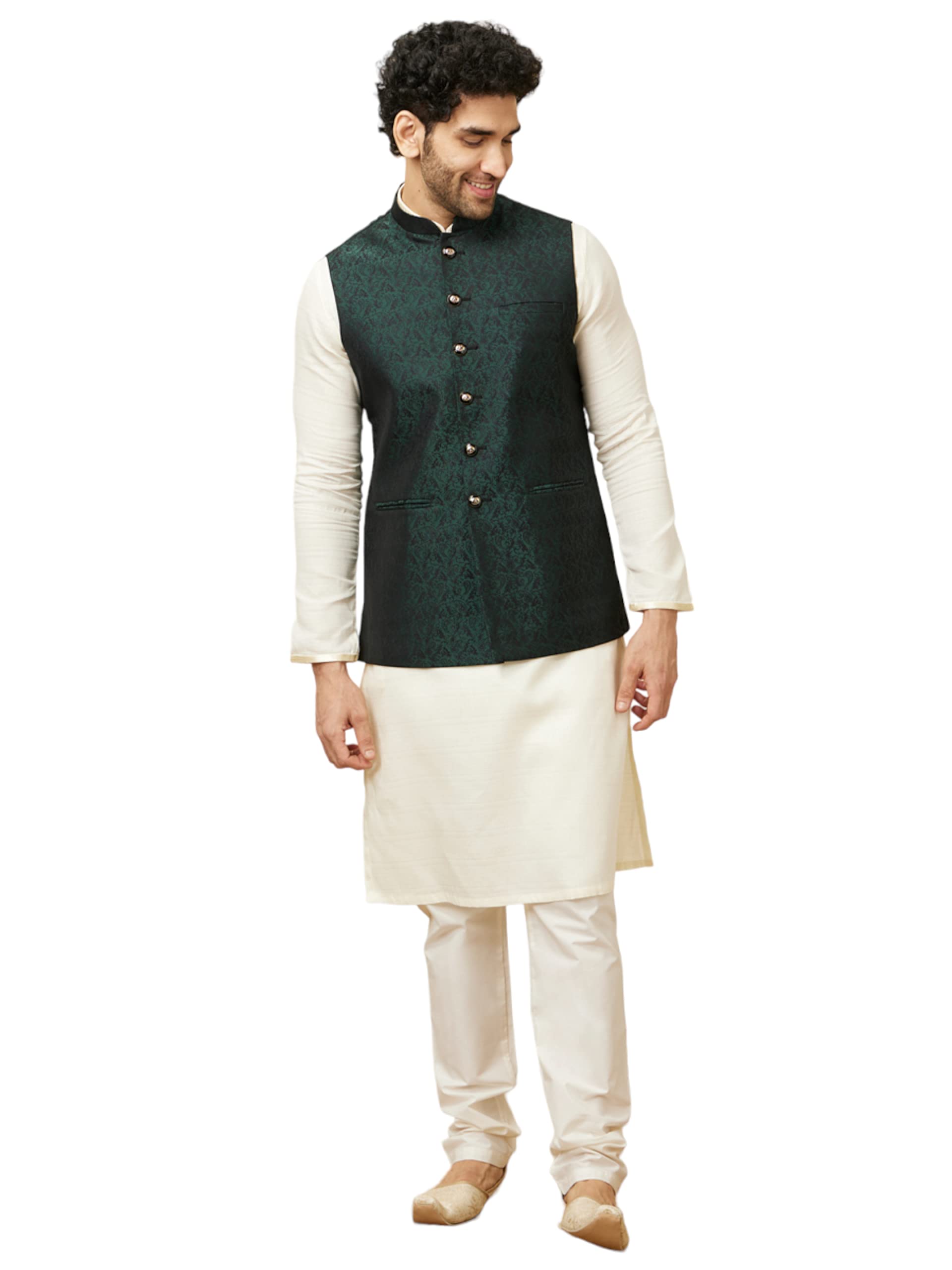 Manyavar MenS Blended Rayon Self Design Casual, Traditional Sleeveless Jacket (Green, M)