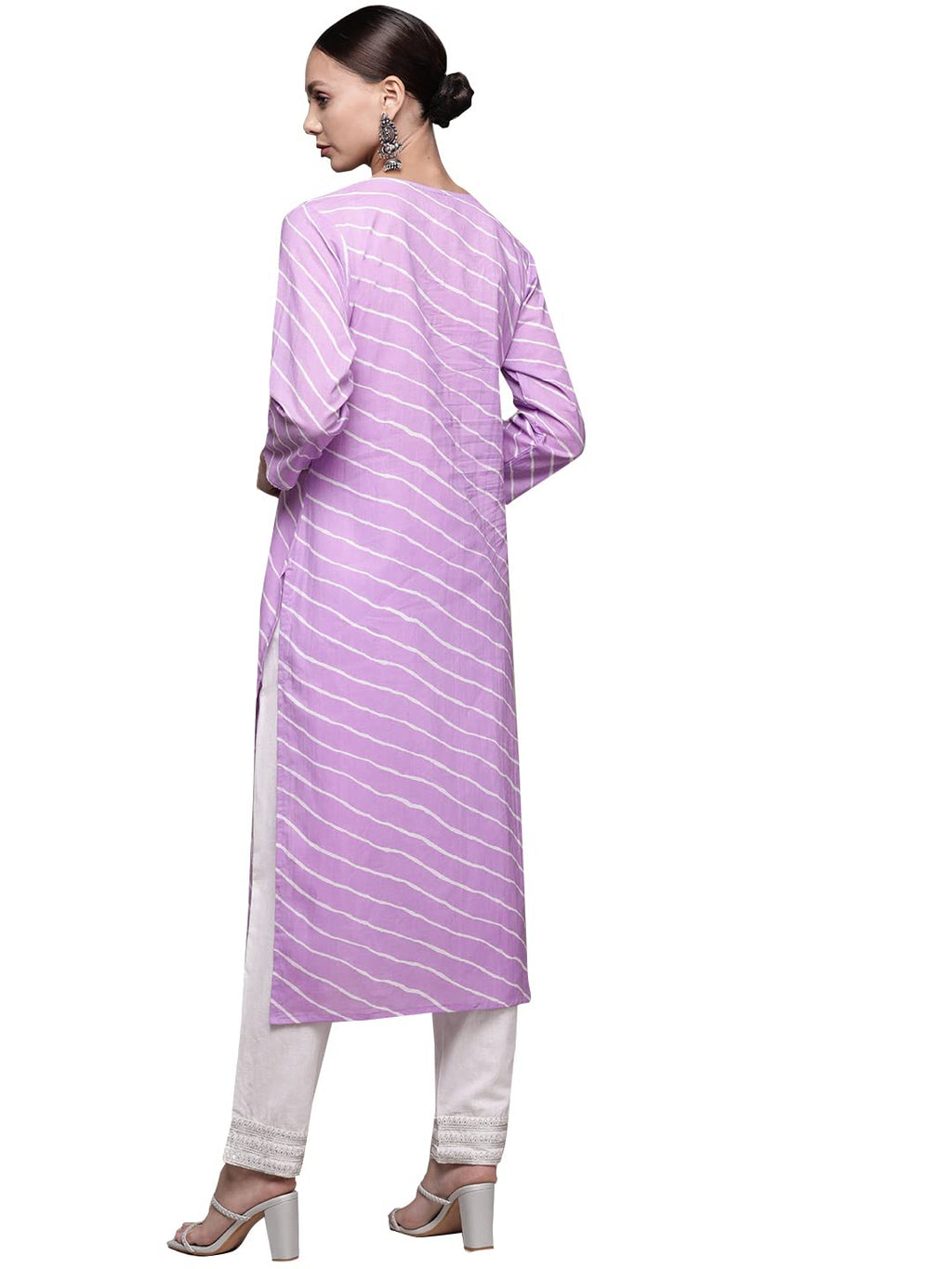 Ishin Women'S Cotton Purple & Off White Embroidered A-Line Kurta Set With Trouser