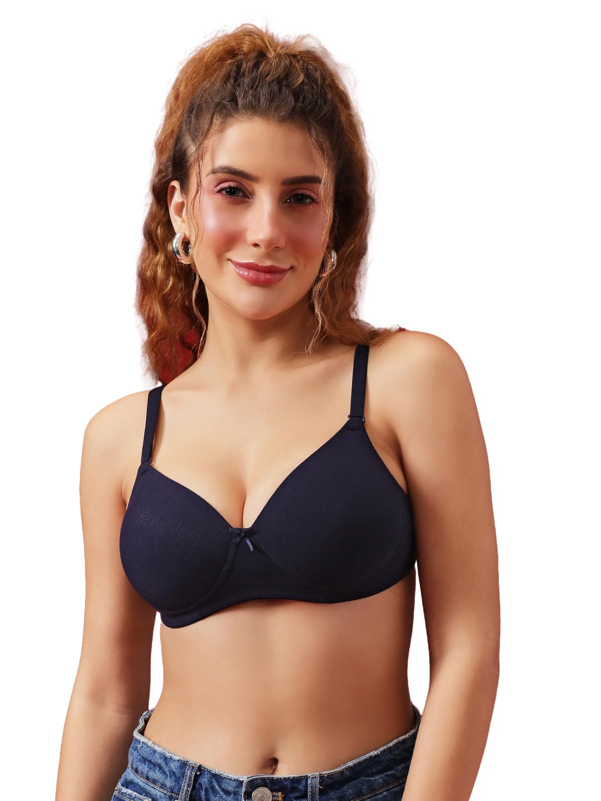 Clovia WomenS Cotton Padded NonWired Full Coverage TShirt Bra (Br1589P08_Navy Blue_34B) 34