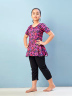 Aarika Girls Sports Wear Rani-Black Colour Floral Print Nylon Swim Suit (5-15 Years)-(SW-SHM-C-1120)