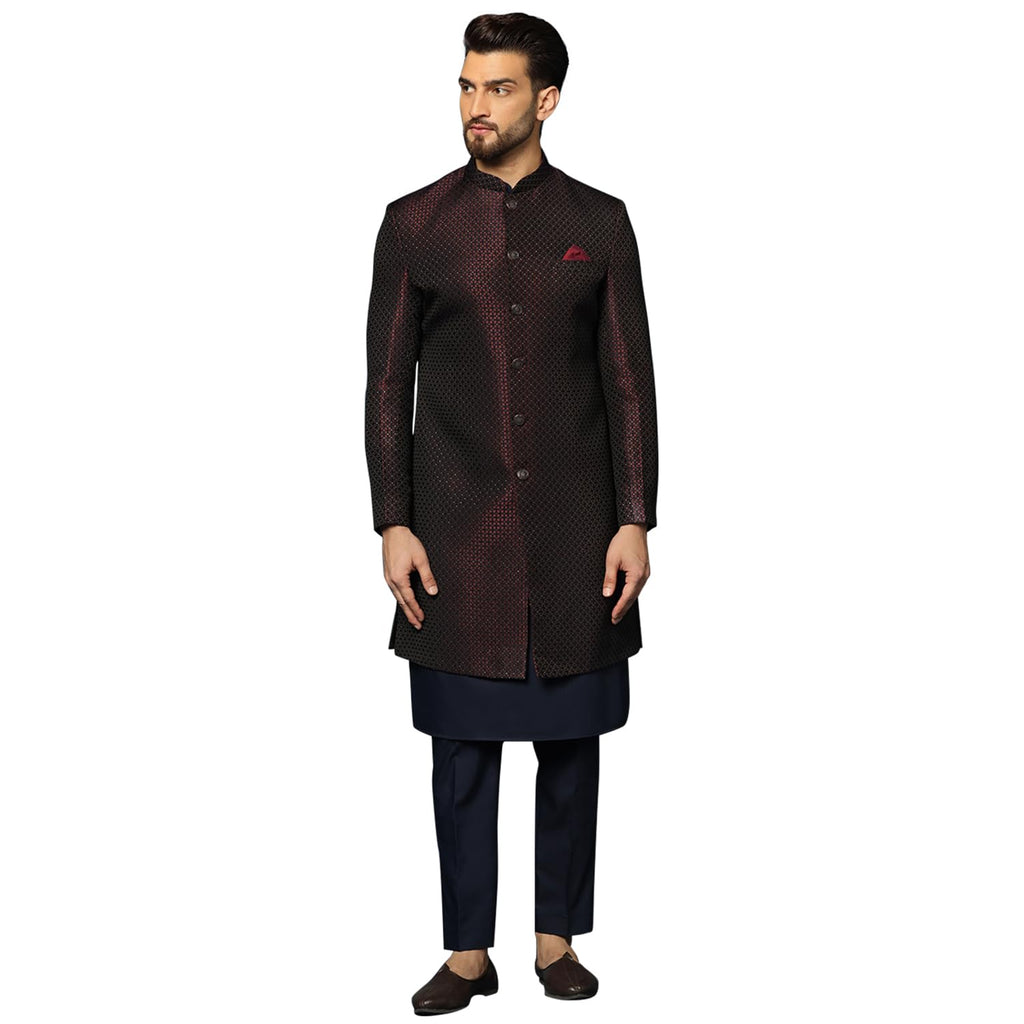 Kisah MenS Maroon And Navy Blue Indo-Western Kurta Sherwani Trousers Set Cotton Full Sleaves, Knee Length, Straight, Regular Fi