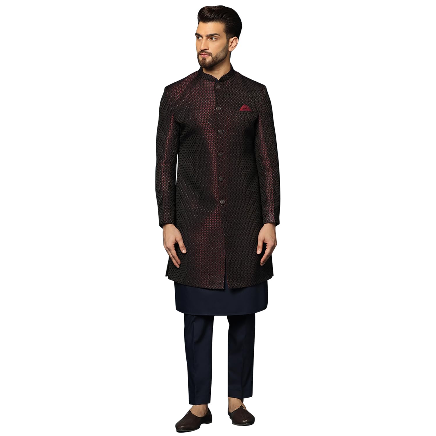 Kisah MenS Maroon And Navy Blue Indo-Western Kurta Sherwani Trousers Set Cotton Full Sleaves, Knee Length, Straight, Regular Fi