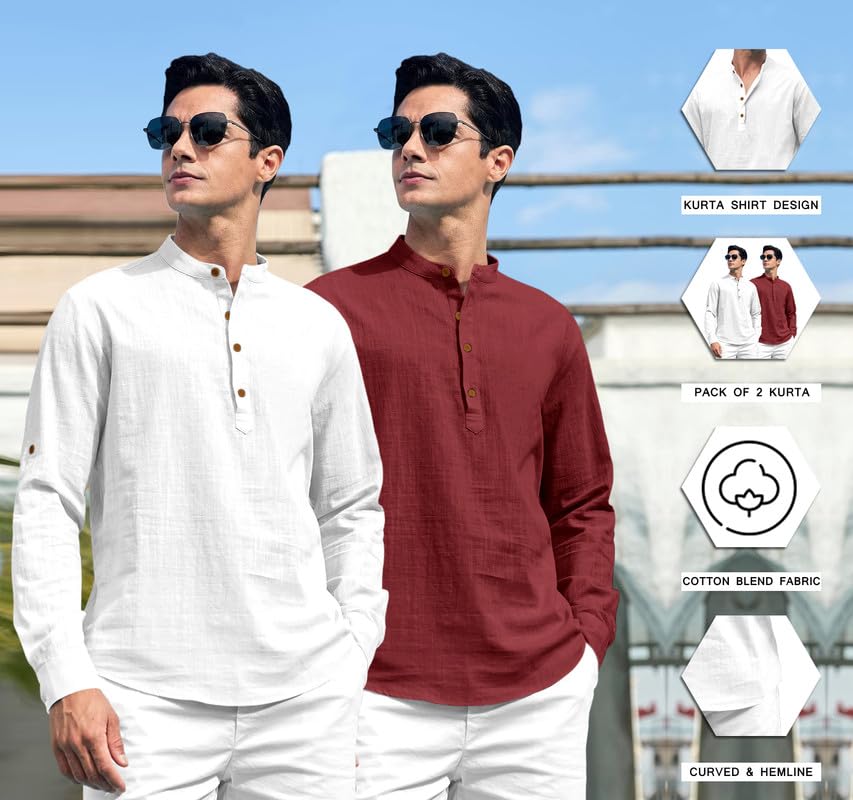 Royalscout Combo Of MenS Solid Cotton Blend Full Sleeve Straight Kurta Shirt (Pack Of 2)