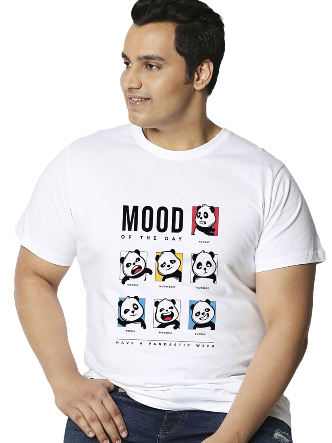 Bewakoof Mens MOTD Panda Graphic Printed 100% Cotton Plus Size T-Shirt Regular Fit,Round Neck, Half Sleeve_590304_White_4XL