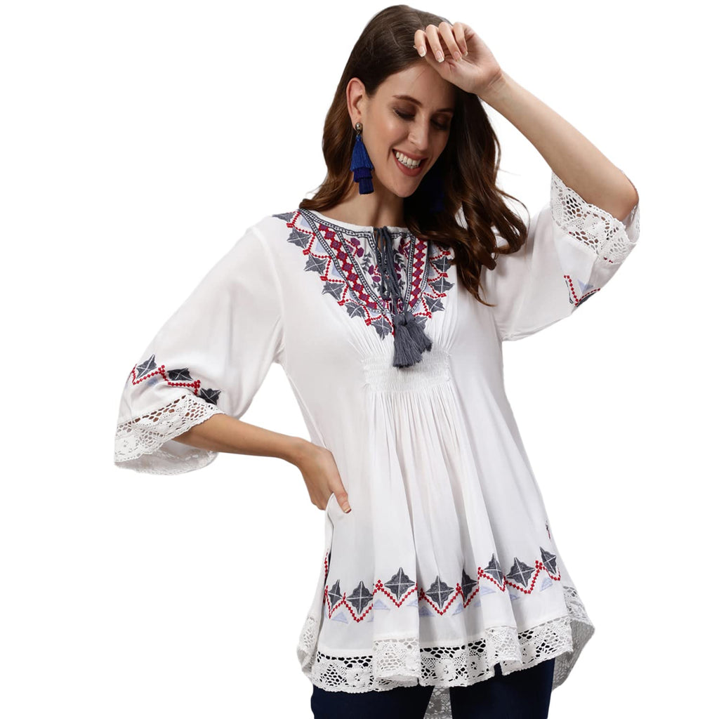 Ishin WomenS Rayon White Embroidered A-Line Top