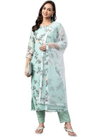 Gosriki Women'S Cotton Blend Printed Straight Kurta With Pant & Dupatta (Itta Nw-Pista Green_S-Go_Pista Green_Small)