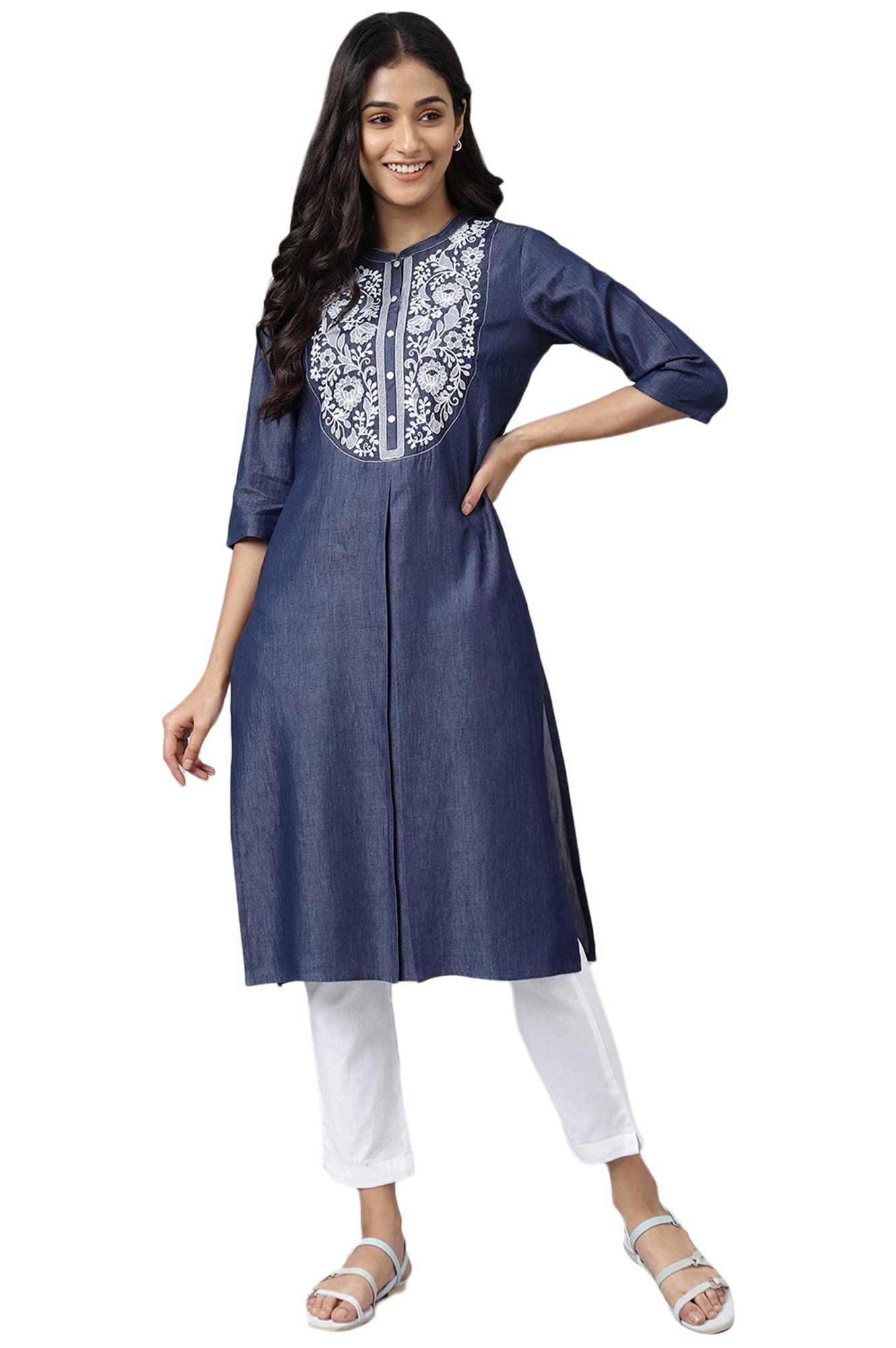 Aurelia Women Blue Cotton Blend Solid Straight Kurta_22Aua13340-701334_L