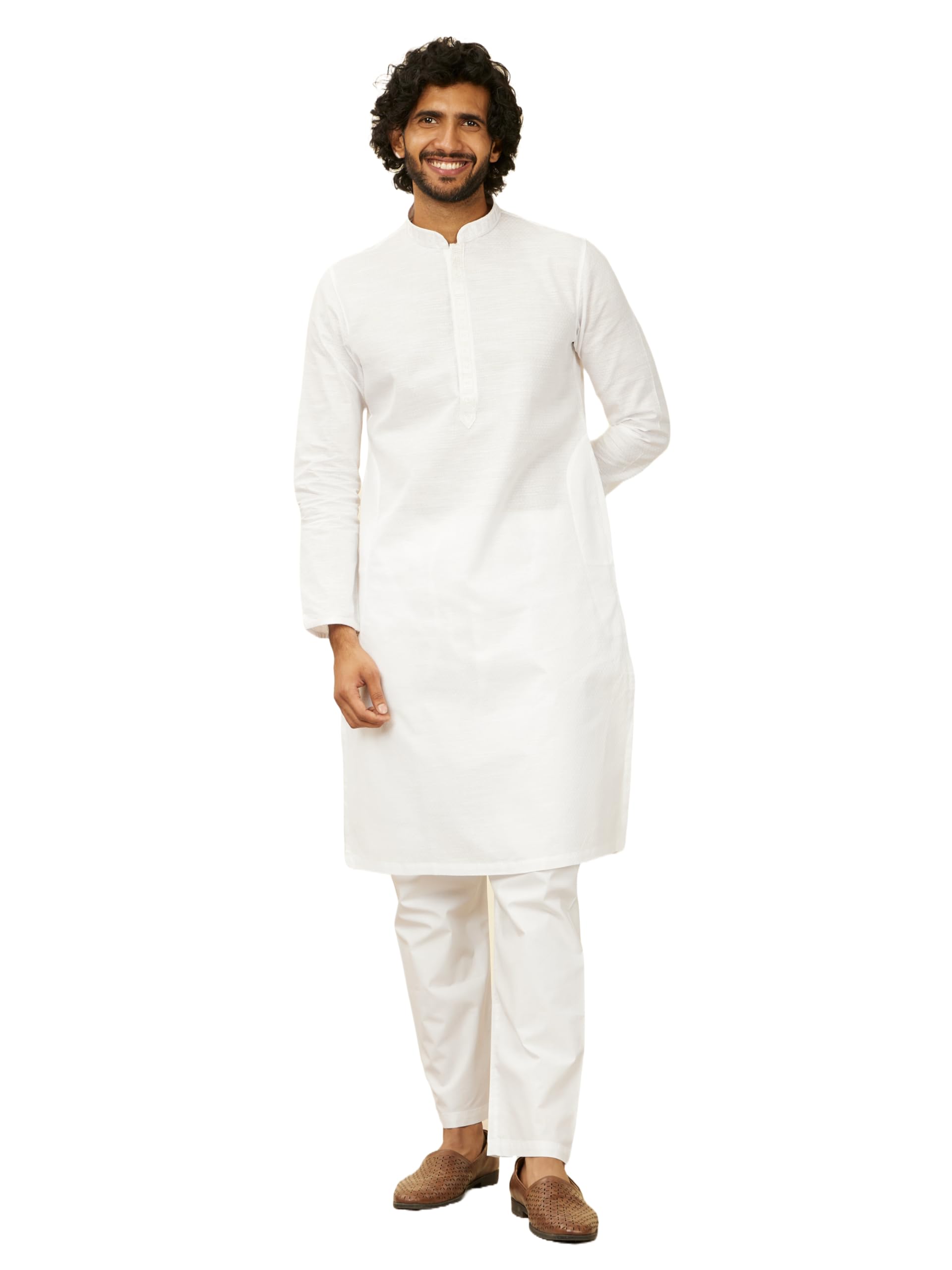 Manyavar Mens Cotton Self Design Kurta Pyjama Set - (White, Medium)