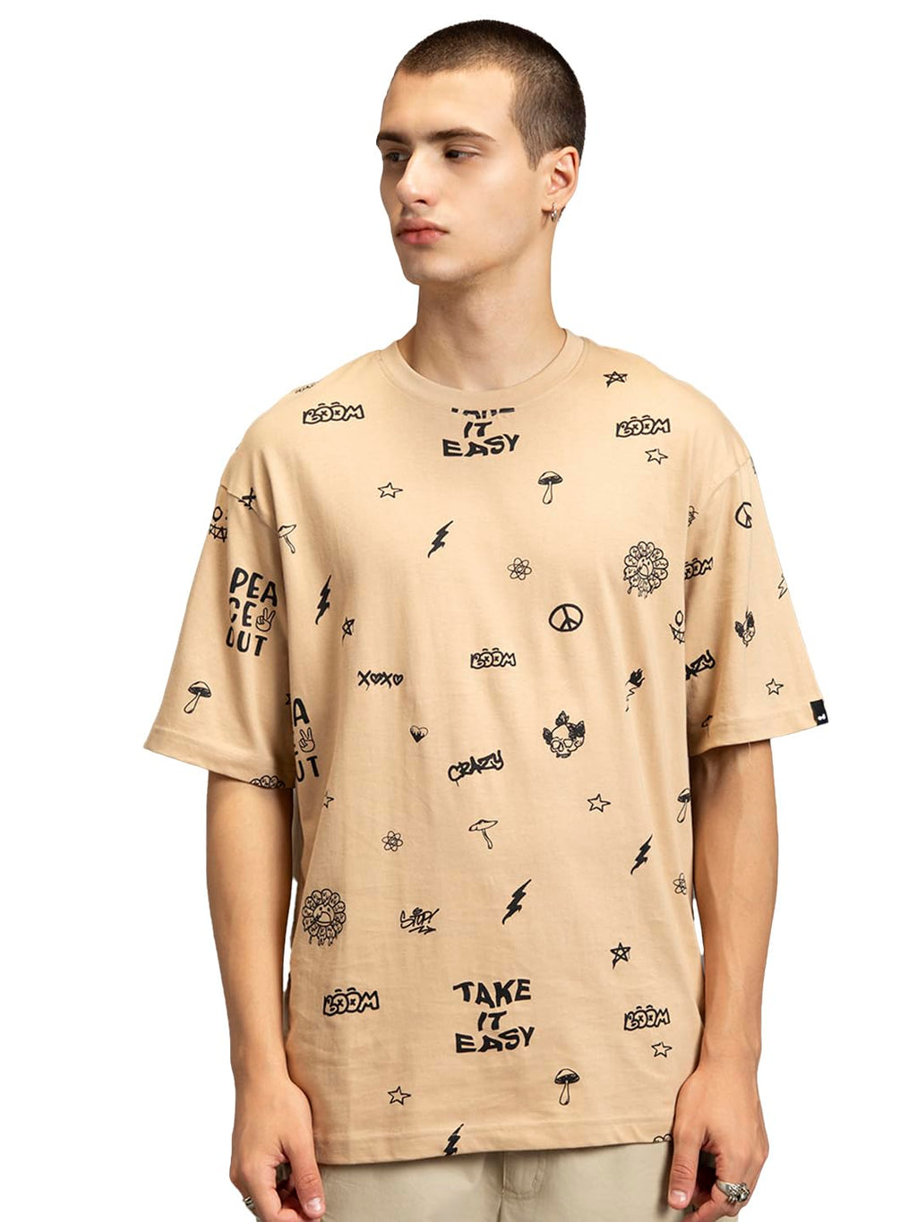 Bewakoof MenS All Over Printed 100% Cotton T-Shirt - Oversized Fit, Round Neck, Half Sleeves_579992_Brown_S