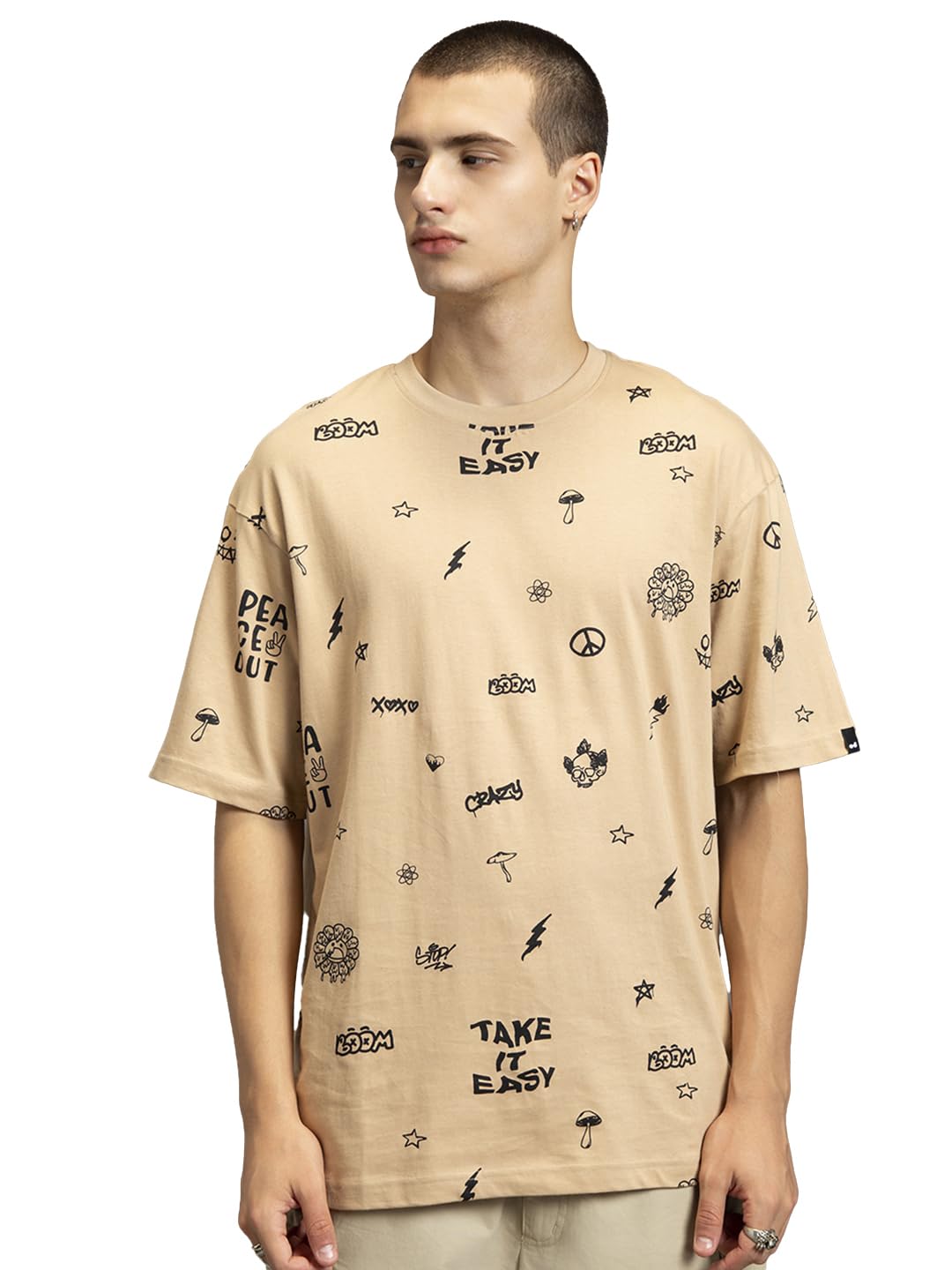 Bewakoof MenS All Over Printed 100% Cotton T-Shirt - Oversized Fit, Round Neck, Half Sleeves_579992_Brown_S