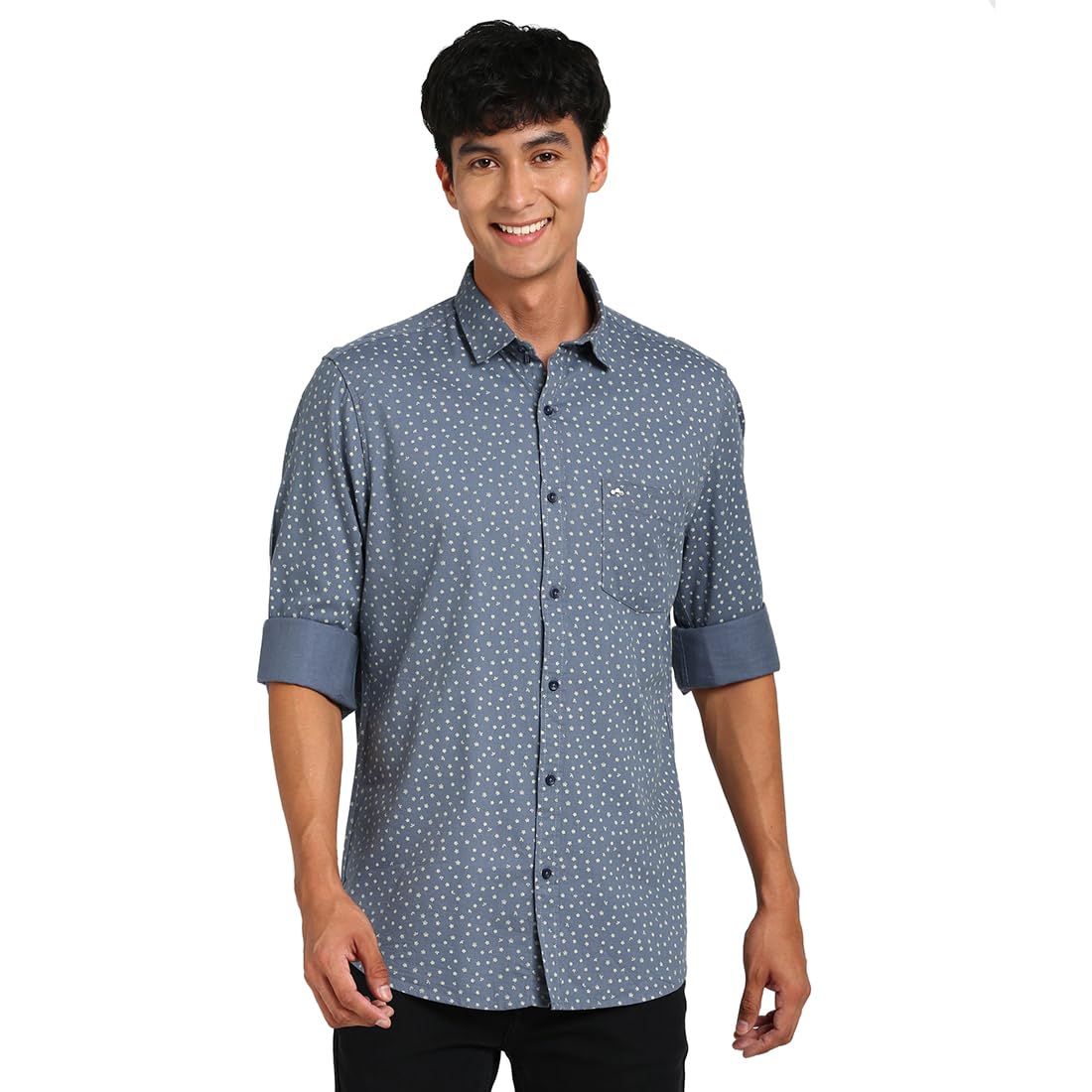 Turtle Men Cotton Tencel Steel Gery Printed Slim Fit Casual Shirt
