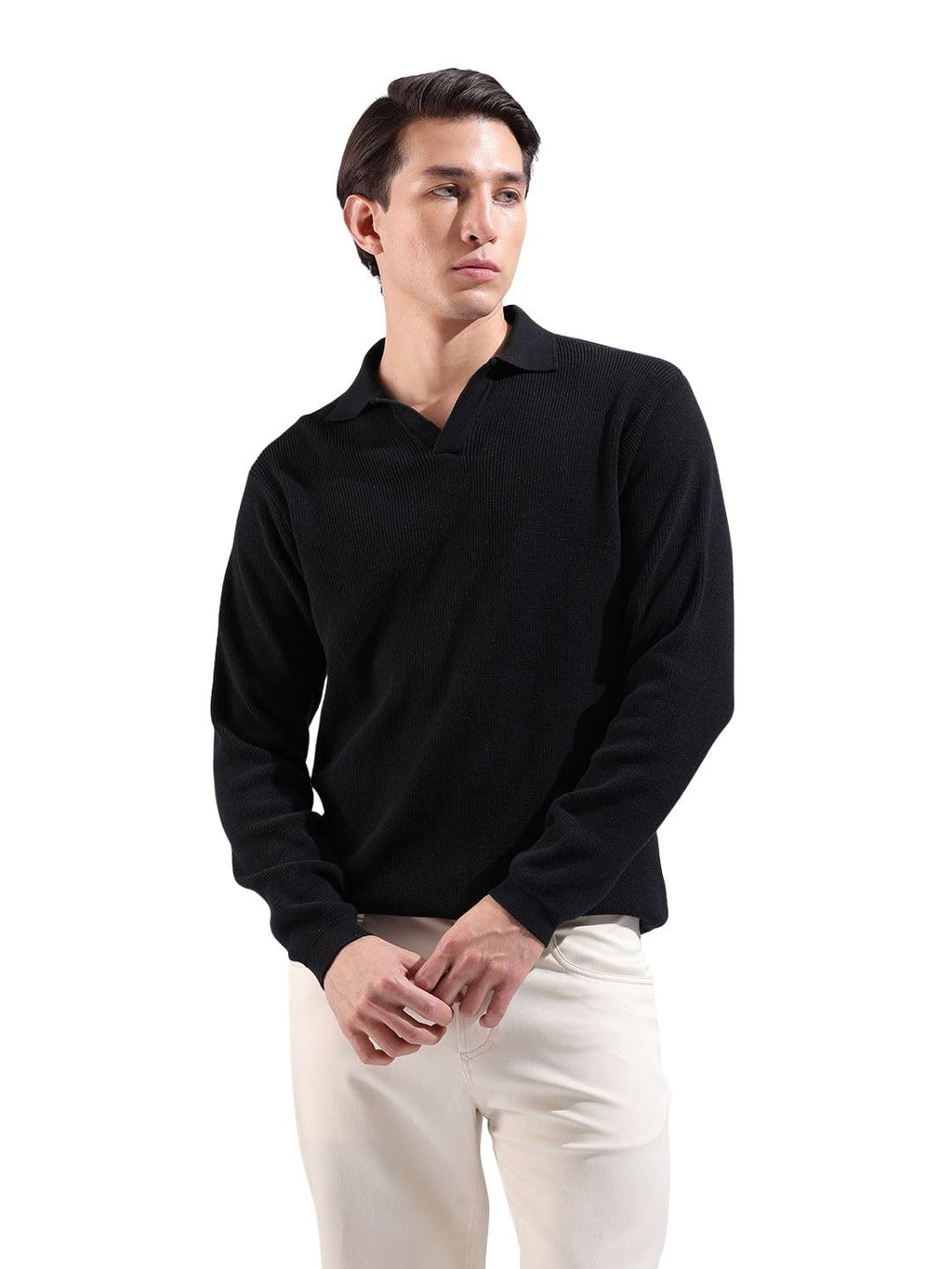 The Indian Garage Co Mens Slim Fit Textured Flatknit Full Sleeves Polo T-Shirt