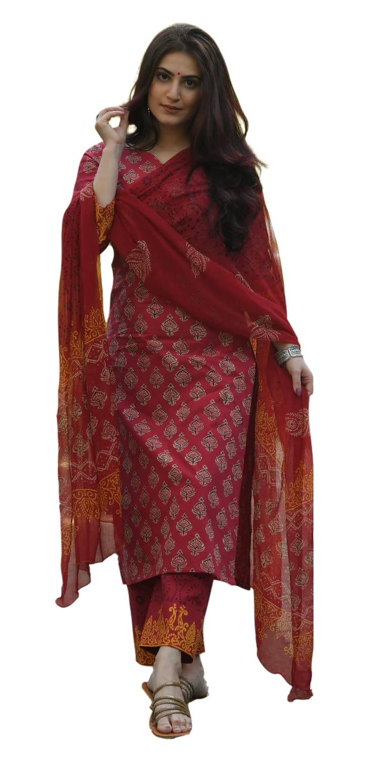 KLOSIA Women Maroon Block Printed Kurta And Pant With Dupatta Set Rayon, Free Size