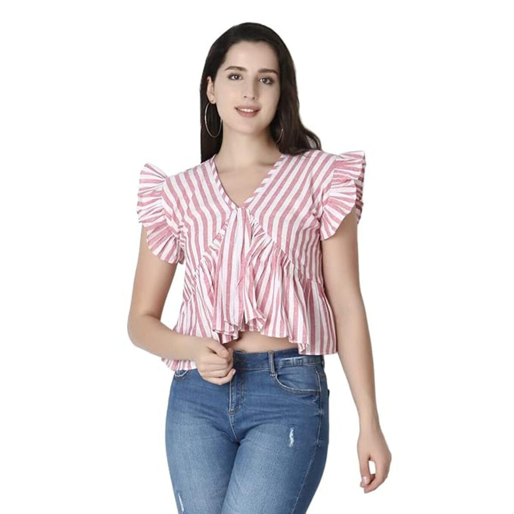 Leriya Fashion WomenS Western Crop Tops | Fancy Stripped With Ruffle Sleeves | Button Down Lightweight Cotton For Girls | Suita