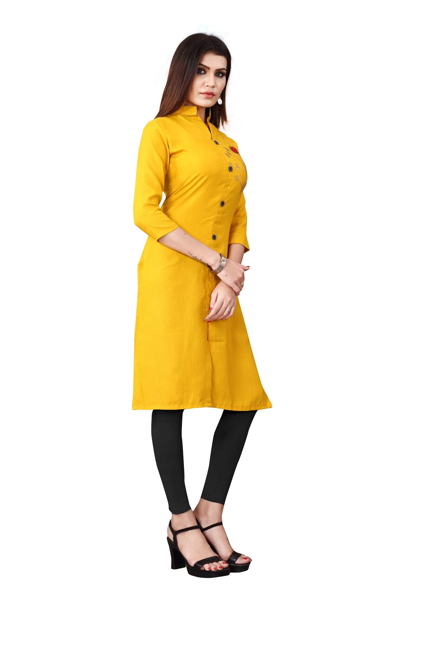 Dhruvi Trendz Women Cotton Blend Kurties Regular Fit Casual Fancy (Dt-K2310_Yellow_Xl)