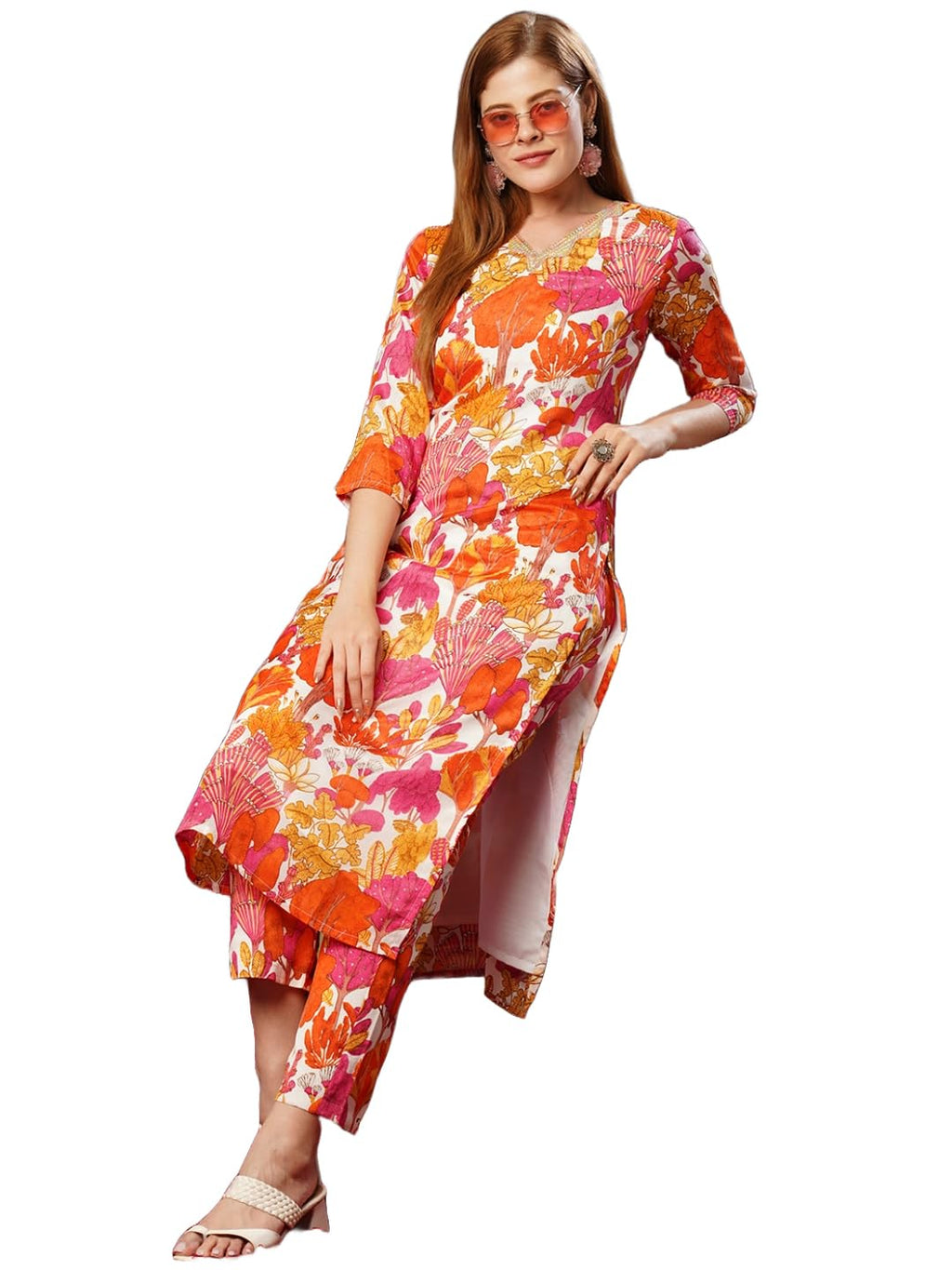 ANNI DESIGNER Womens Cotton Blend Straight Printed Kurta with Pant (Samlok Pink_S_Pink_Small)