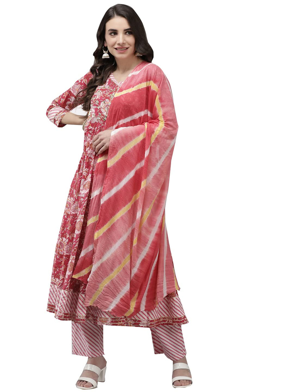 Ishin Women'S Cotton Blend Pink Embroidered Anarkali Kurta Suit Set With Dupatta & Pants Kpldsrd-19071_S_Pink