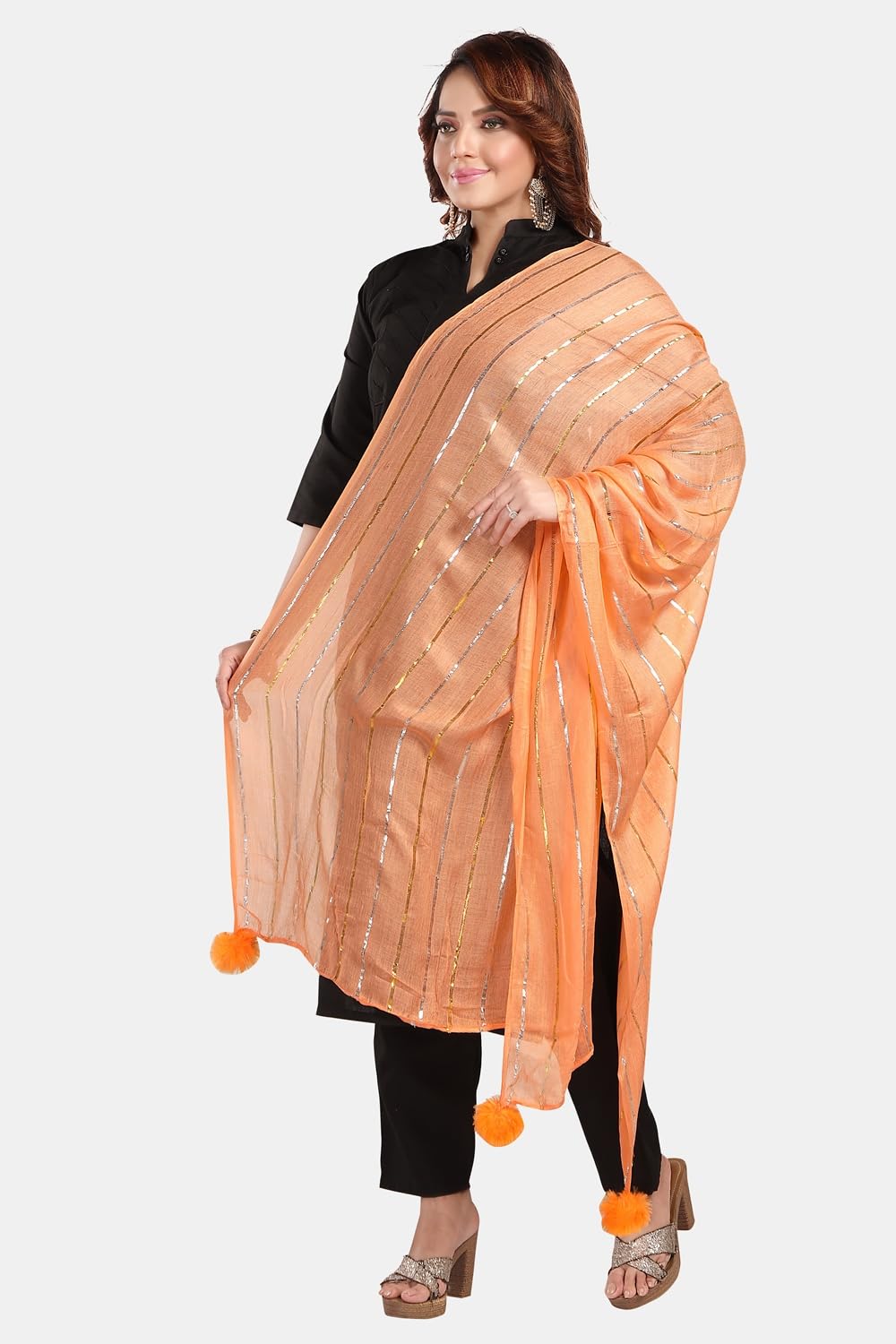 Fabme Shimmer Embellished Soft Cotton Dupatta - Orange