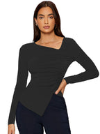 Shasmi Womens & Girls Black Long Sleeve Asymmetrical Neck Solid Color Ruched Front Asymmetrical Hem Tee Workwear Fancy Top, T-