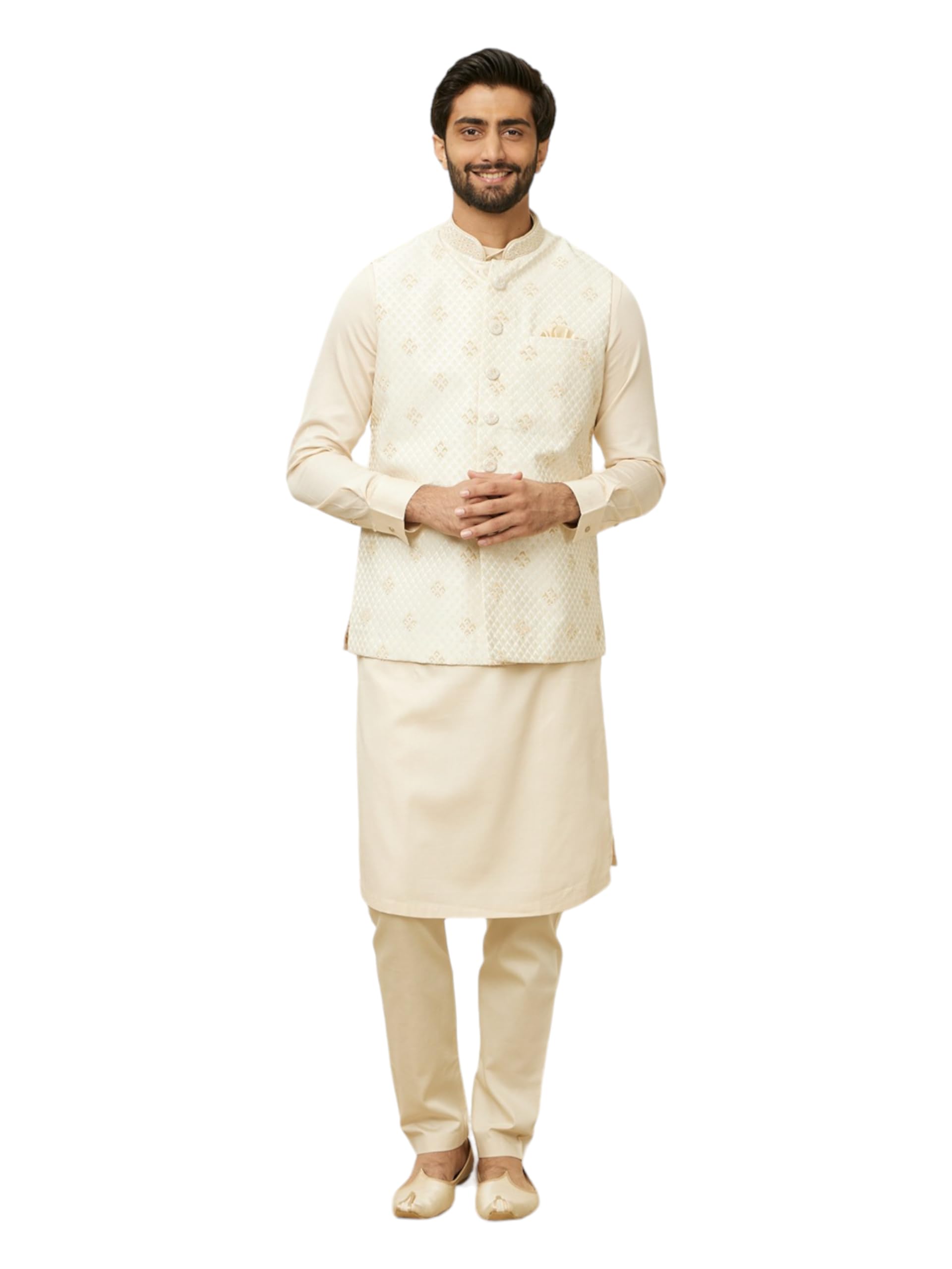 Manyavar Mens Cream Brocade Self Design Jackets