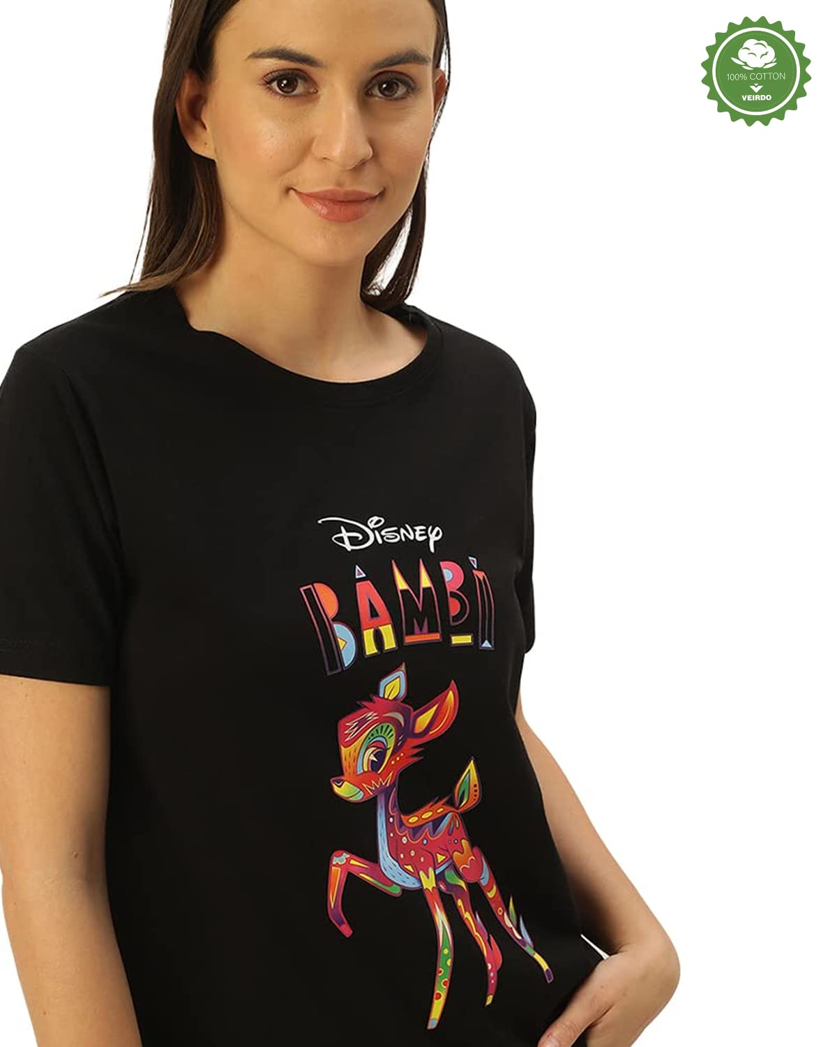 Juneberry Black Tshirt For Women, Official Disney Animal Printed Black T Shirt For Women, Casual Half Sleeves Cotton Black T-Shi