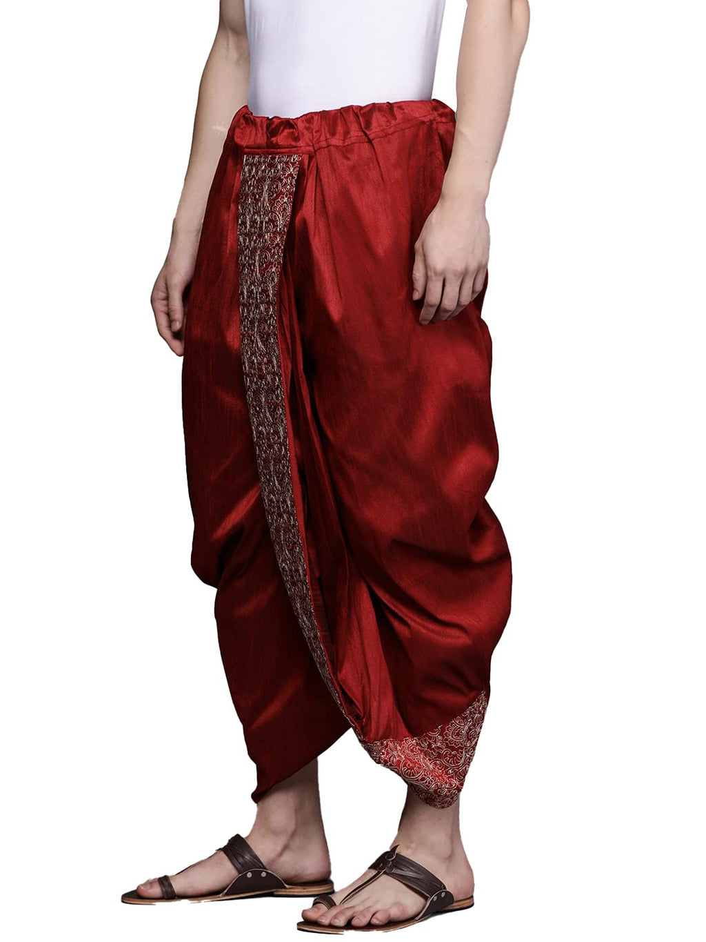 Manyavar Mens Embroidered Art Silk Readymade Stitched Dhoti