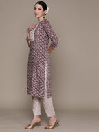 Anubhutee Women'S Viscose Rayon Printed Mauve Straight Kurta Suit Set With Pants
