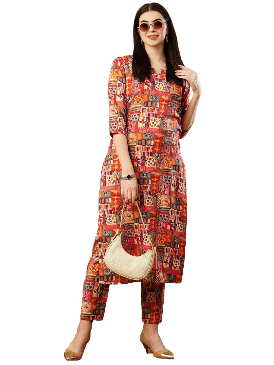 Gosriki Women'S Cotton Blend Straight Printed Kurta With Pant (Ing 10 Red-Nw-Gs_Xl_Red_X-Large)