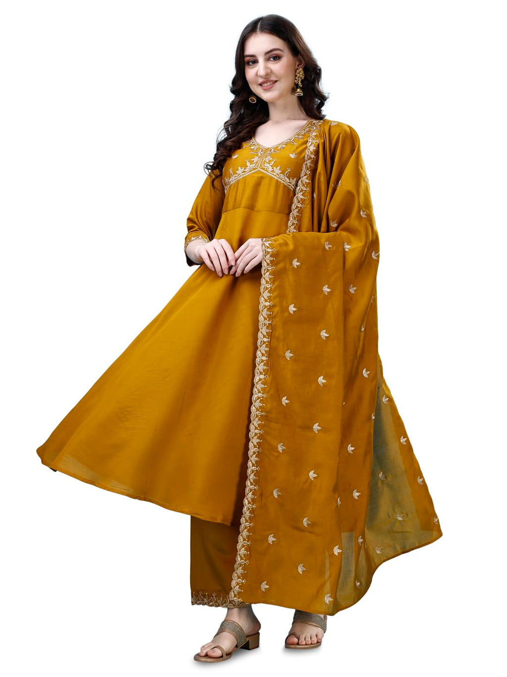 Pratham Blue Kurta Set for Women Silk Embroidered Anarkali Kurta Set for Women with Palazzos and Dupatta (PB-6164-XXL_Yellow)