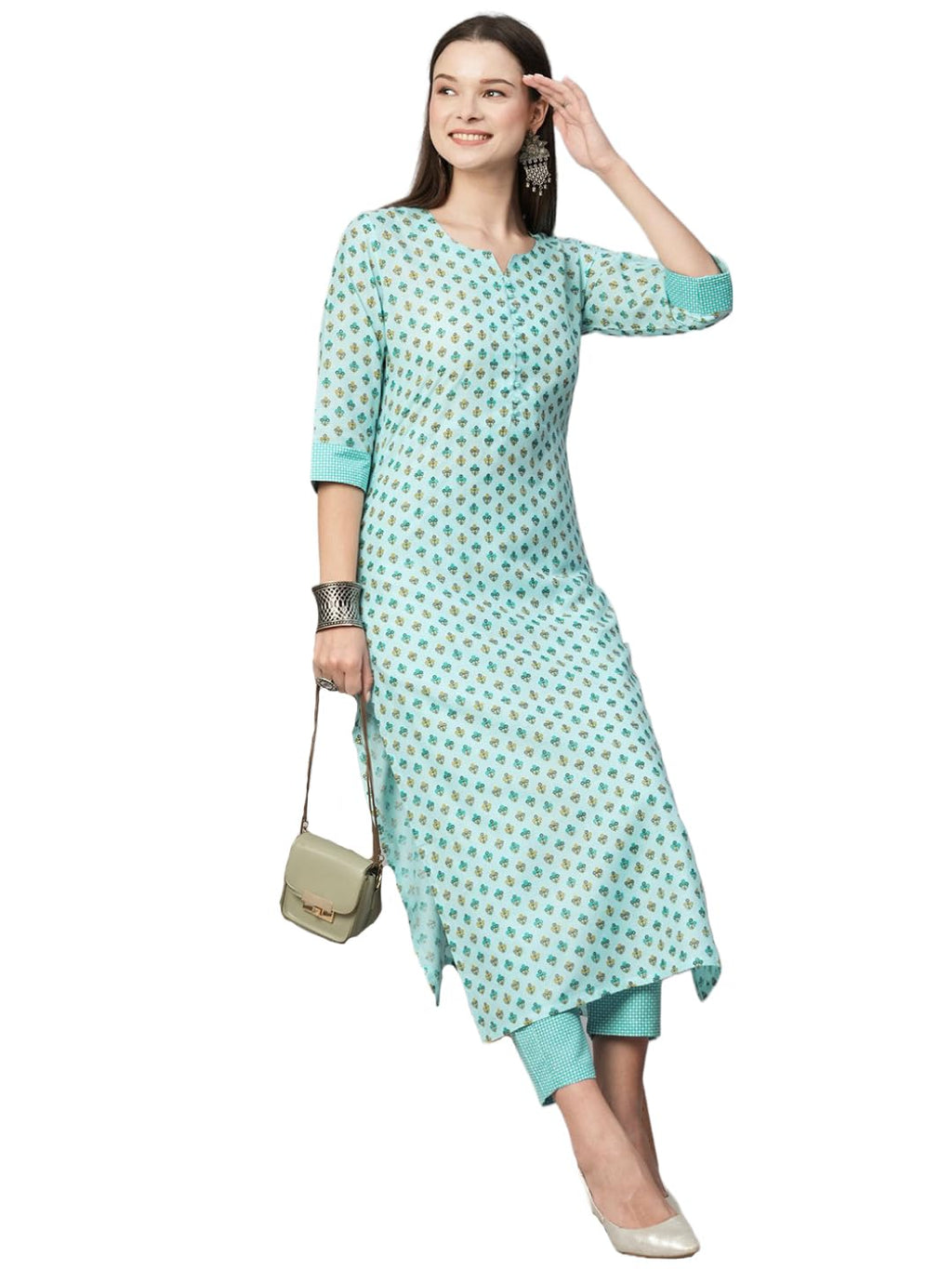 ANNI DESIGNER Women's Cotton Blend Straight Printed Kurta with Pant (Otti Blue-N8W_XL_Blue_X-Large)