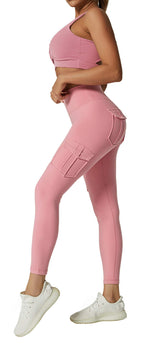 JEGGE High Waist Yoga Leggings with 4 Pockets,Tummy Control Workout Running 4 Way Stretch Cargo Pocket Leggings (Pink, Medium)