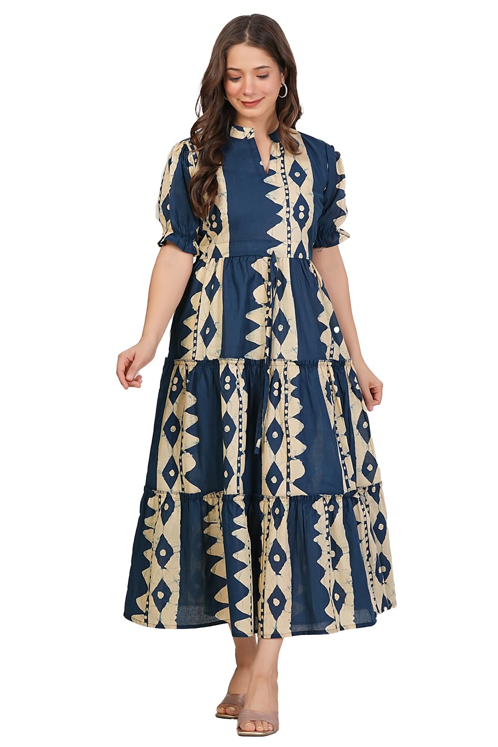 Monique Brand Stylish Floral Printed Kurta For Women Cotton  Flared Western Frocks For Women Navy Blue