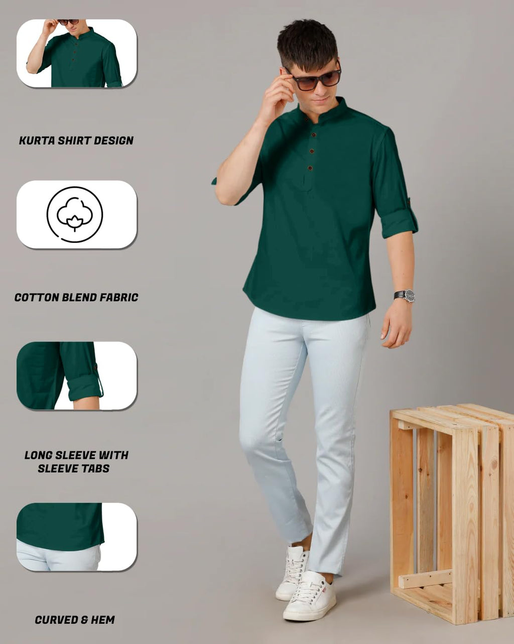 Zombom MenS Cotton Blend Solid Regular Fit Casual Mandarin/Chinese Collor Short Kurta Green