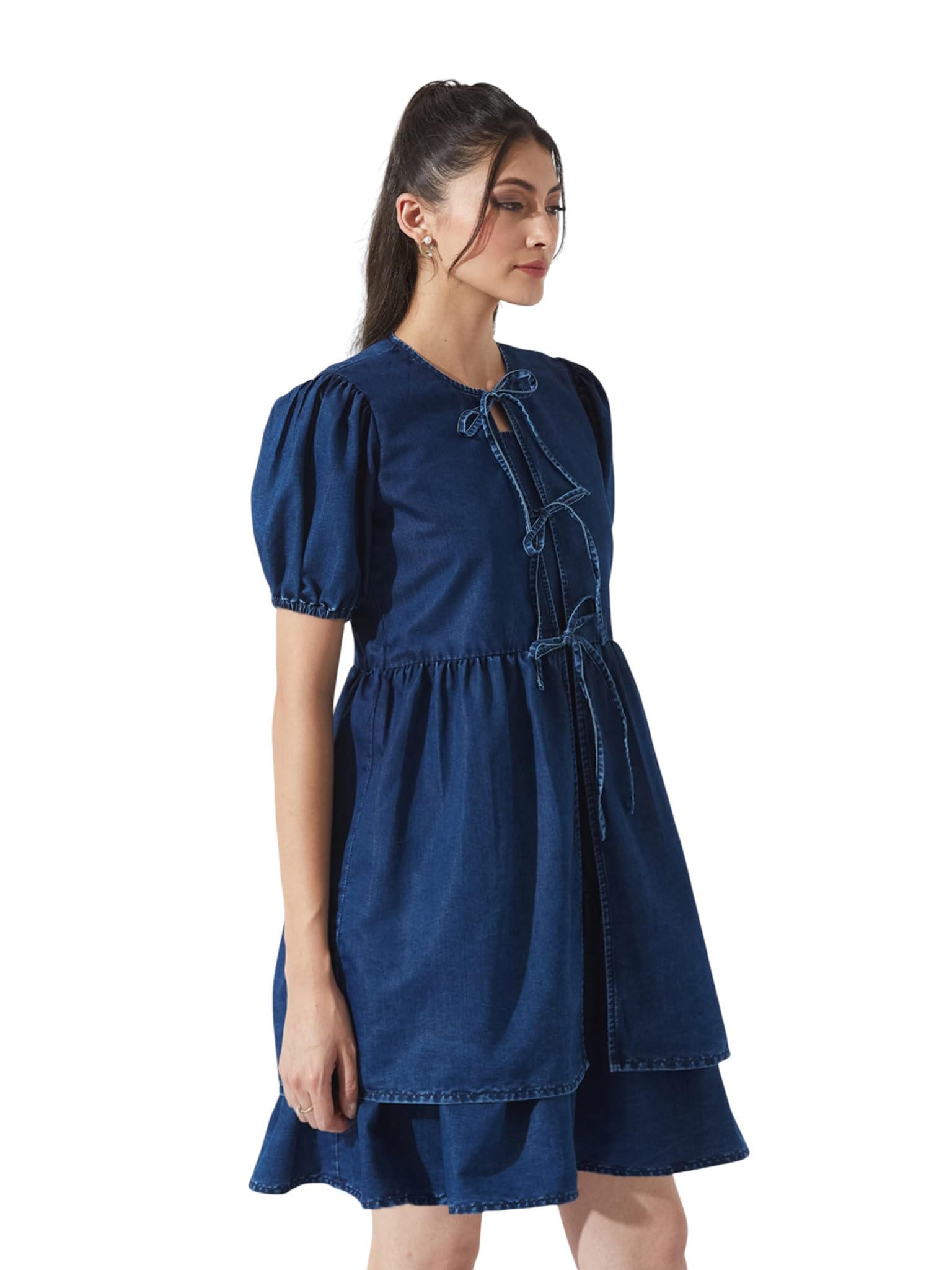 Miss Chase WomenS Round Neck Puff Sleeve Tie-Up Knee-Length Denim Dress (Mcaw25Den04-78-71-06, Navy Blue, Xl)