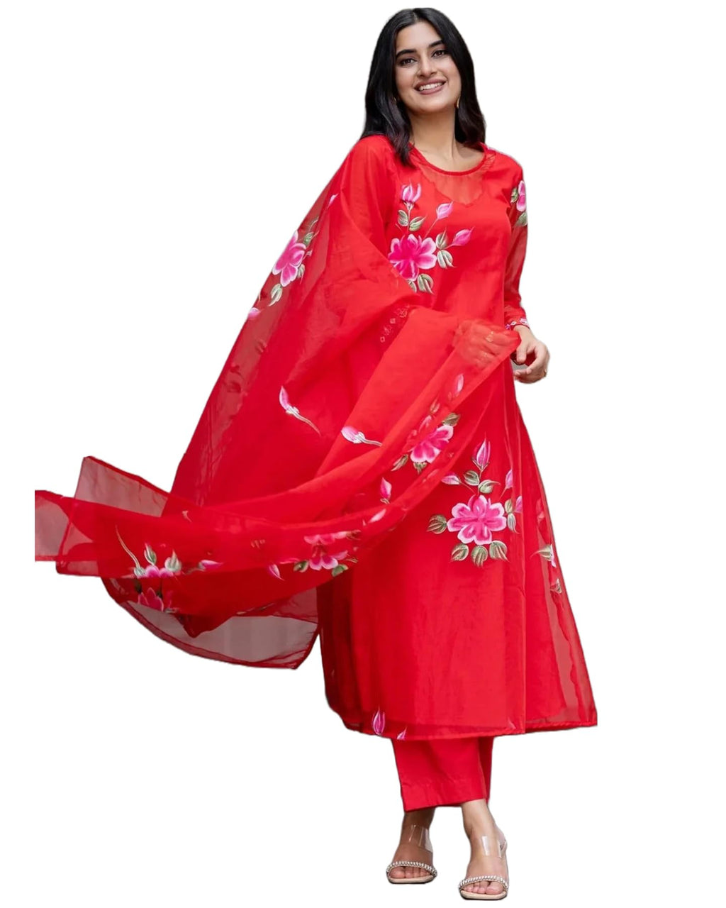 ANNI DESIGNER Womens Chanderi Cotton Straight Printed Kurta with Pant & Dupatta (Guni Red_M_Red_Medium)