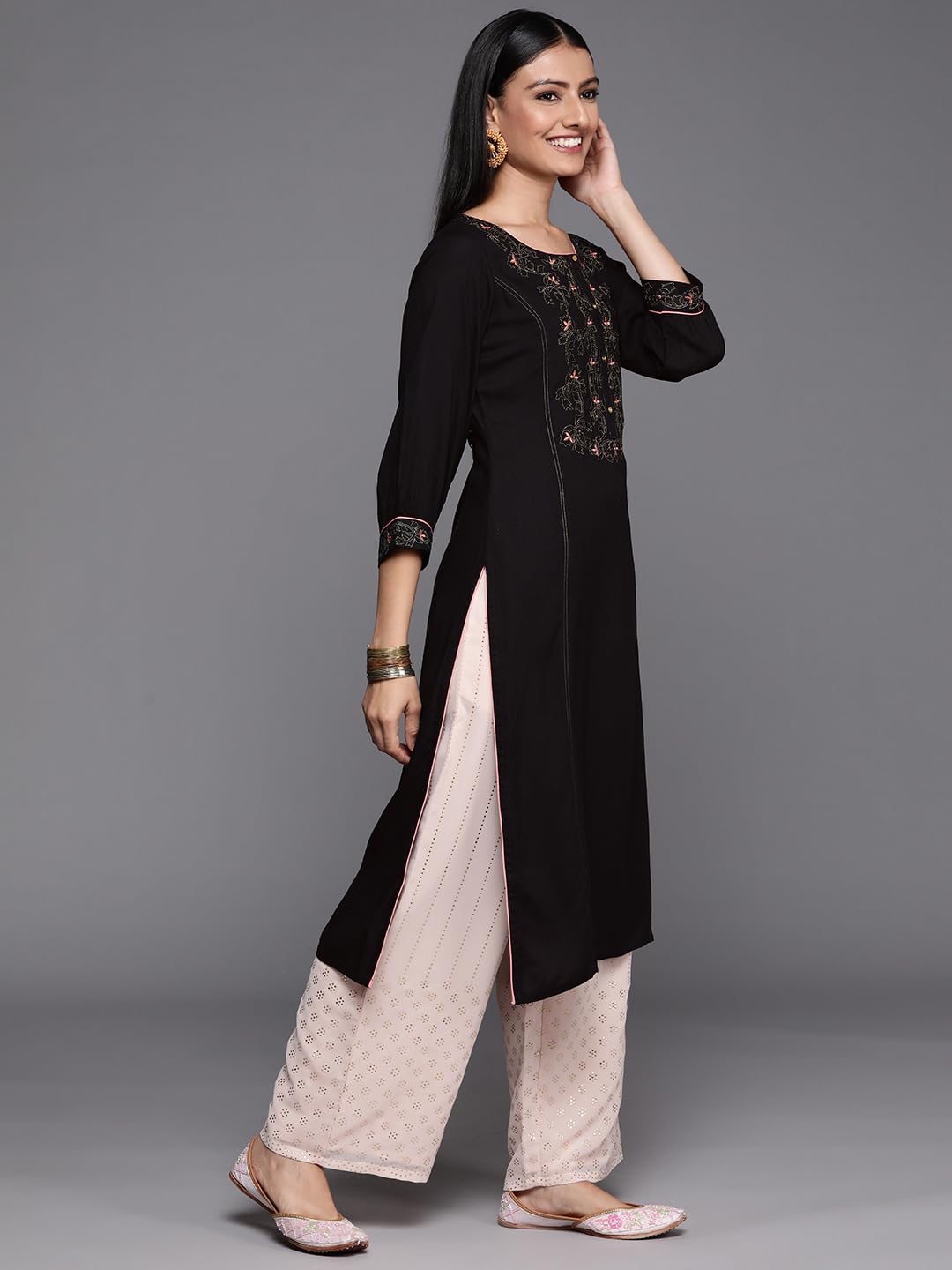 Libas Black Printed Rayon Straight Kurta