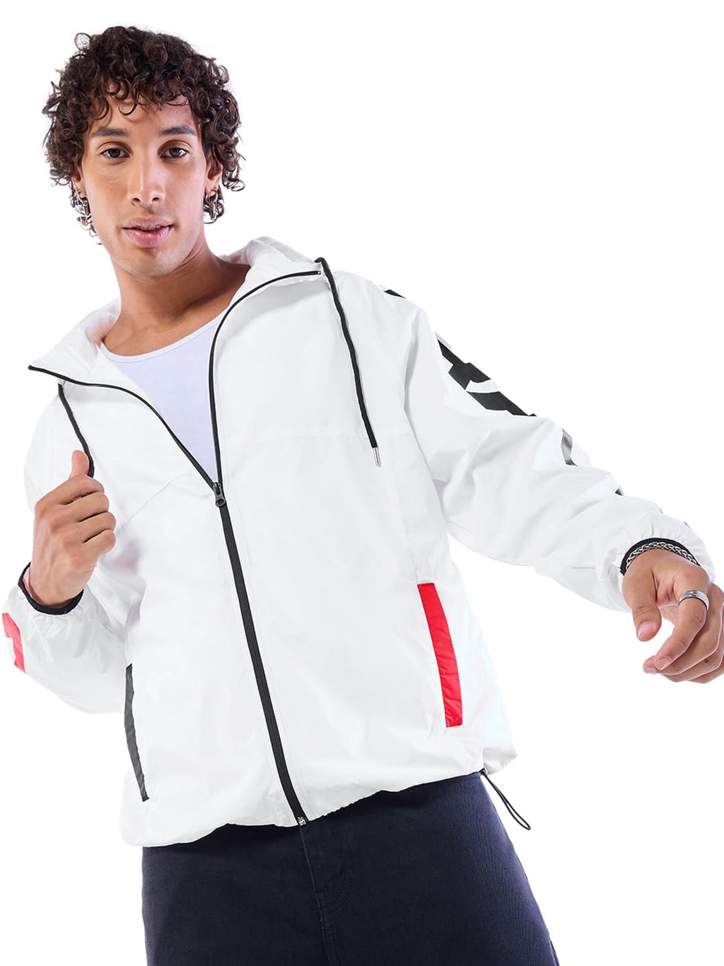 Bewakoof Air 1.0 Mens Typography Oversized Fit Full Sleeve Hooded Neck Nylon Windcheater Jacket_642502_White_XL