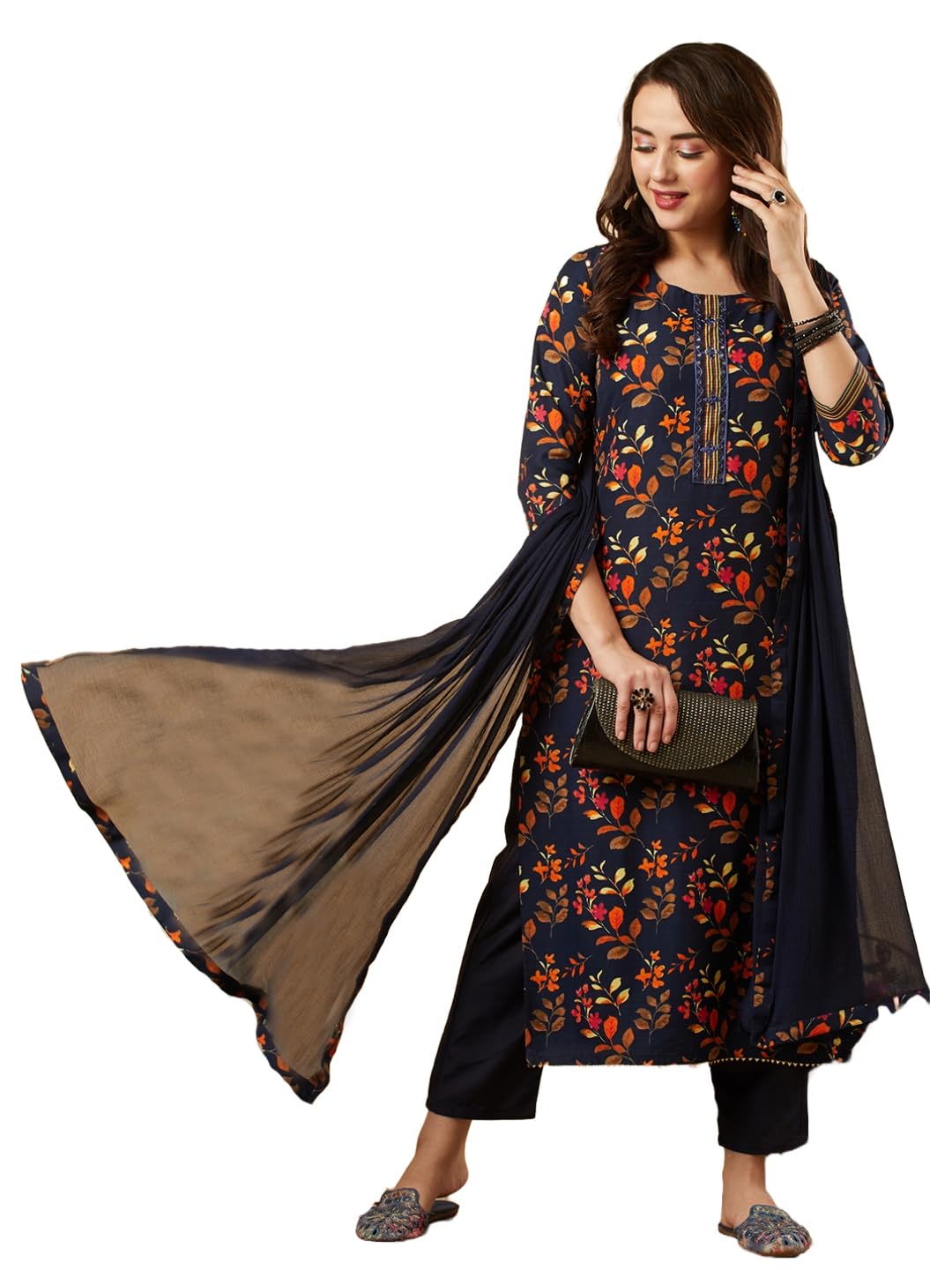 ANNI DESIGNER Women's Cotton Blend Printed Straight Kurta and Pant with Dupatta Set (KALEPING-Blue-NW_S_Blue_Small)