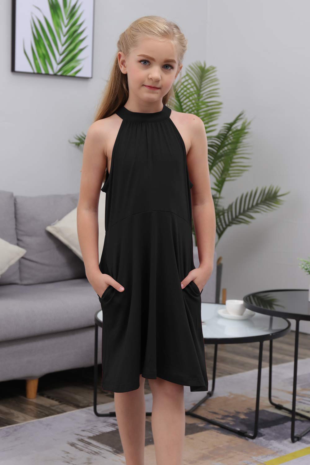GORLYA Girl's Halter Neck Cold Shoulder Sleeveless Summer Casual Sundress A-line Dress with Pockets for 4-12 Years (GOR1013, 11-