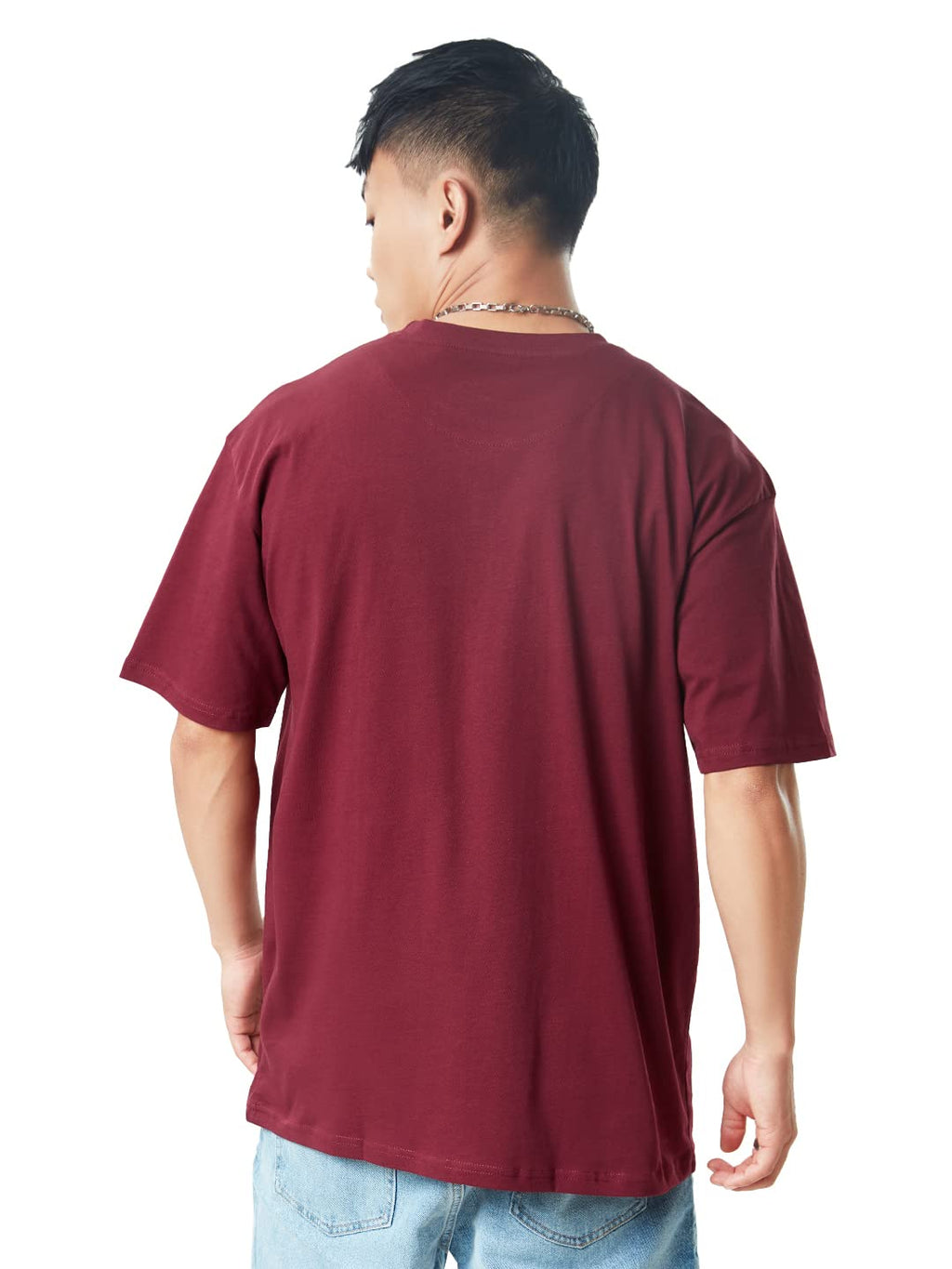 The Souled Store Men Basic Burgundy Solid Oversized T Shirts for Men Baggy Off-Shoulder Loose Fit Relaxed Drop Shoulder Half Sle