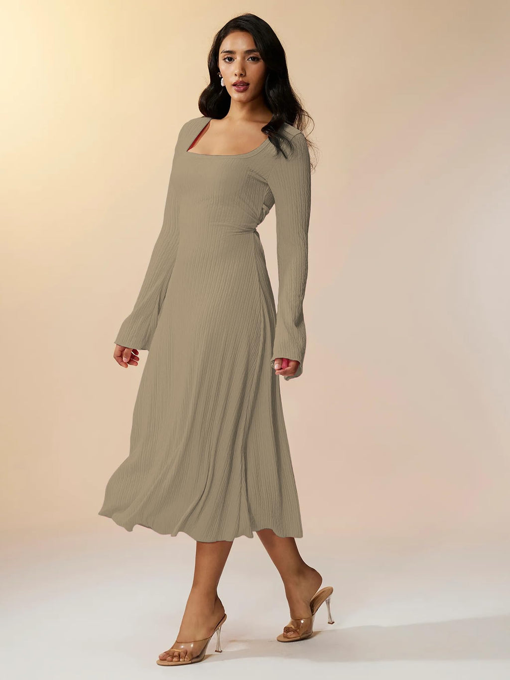 Shasmi Womens Kiwi Square Neck A-Line Dress  Long Sleeve, Tie Waist, Knitted Stretchable, Casual & Office Outfit, Solid Winter M