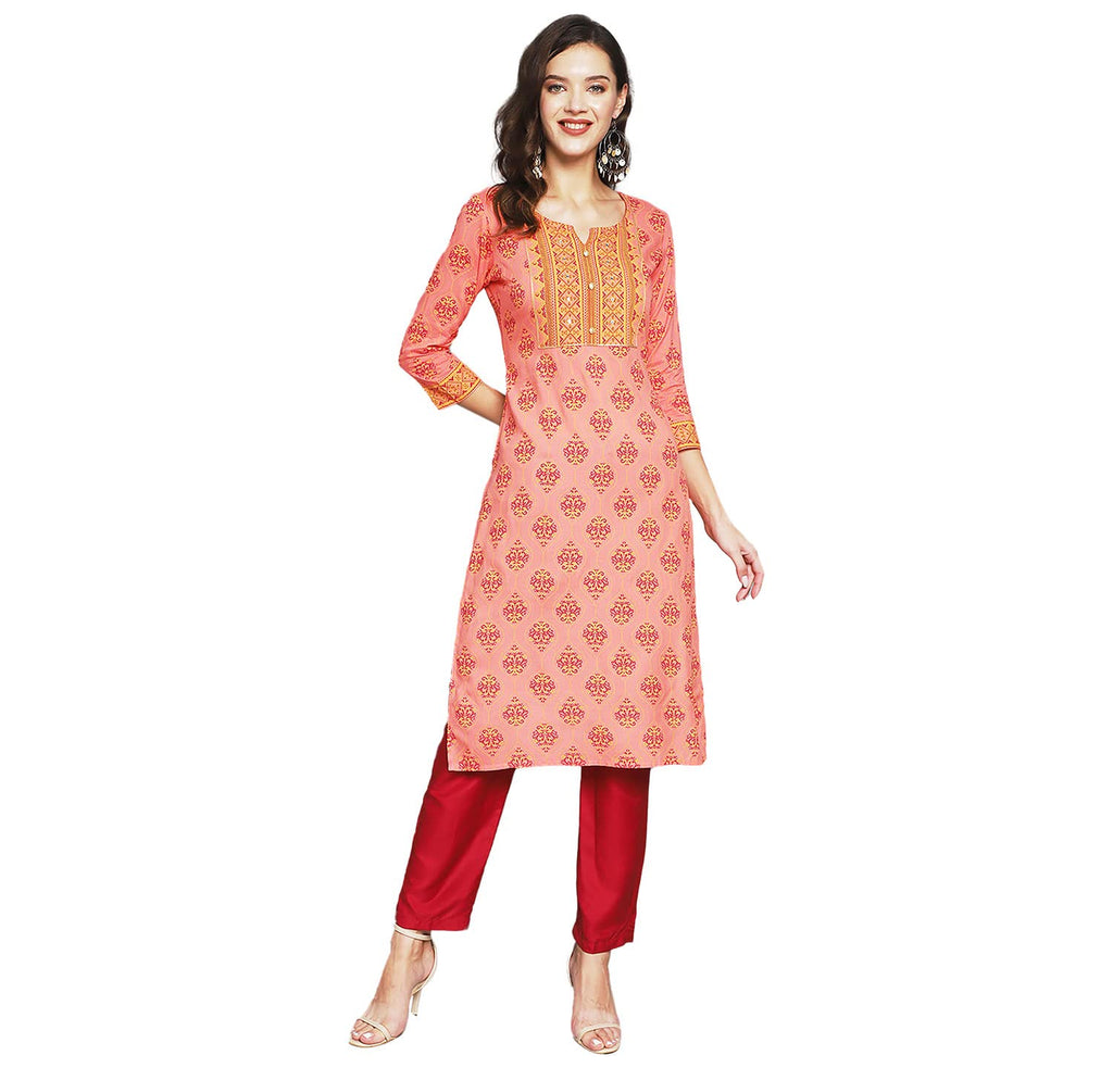 Anubhutee Women'S Rayon Orange Mirror Work Ethnic Motifs Embroidered Straight Kurta