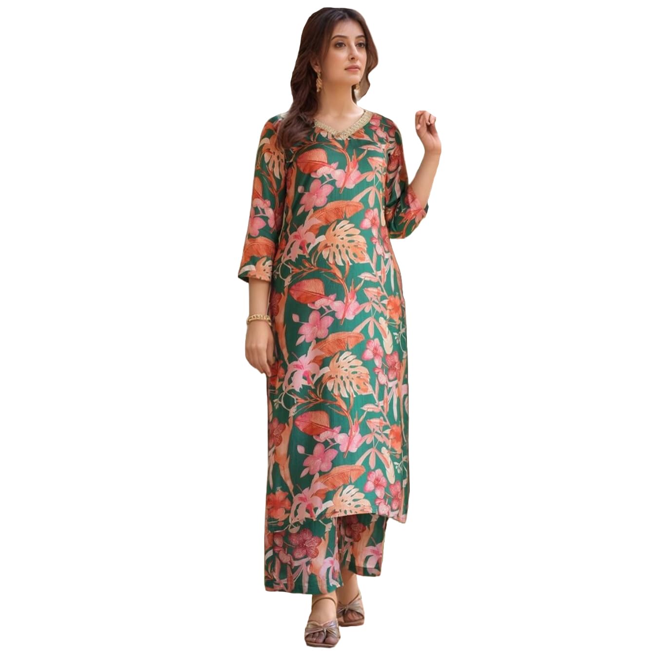ANNI DESIGNER Palazzo women s viscose rayon printed straight kurta, Green, Medium