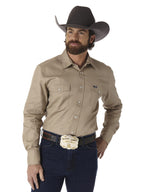 Wrangler Mens Cowboy Cut Western Two Pocket Long Sleeve Snap Work Shirt - Firm Finish - B&T,Khaki,X-Large Tall
