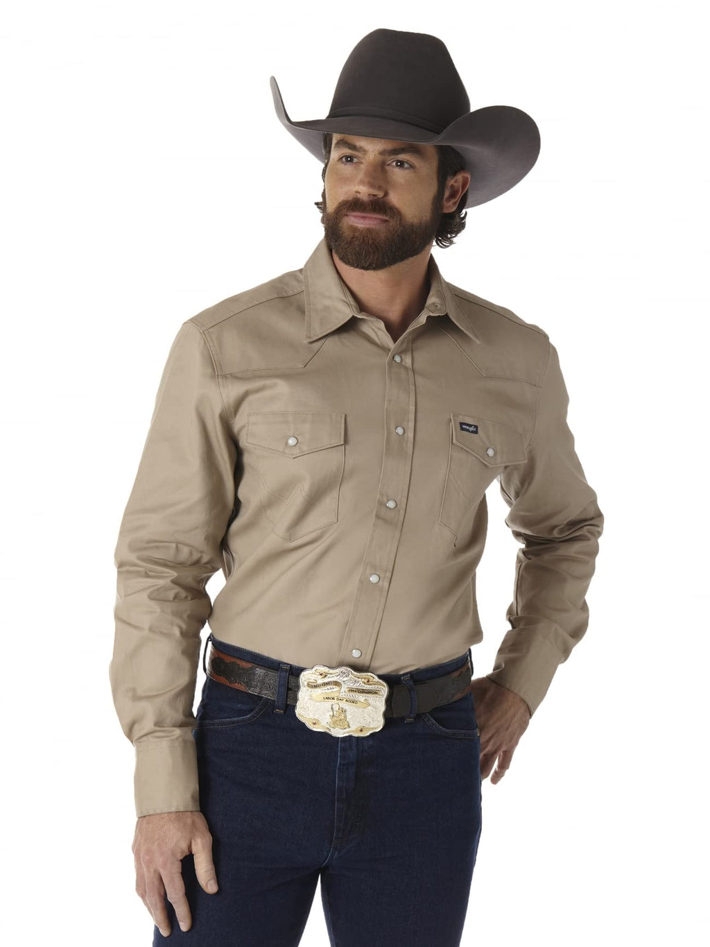 Wrangler Mens Cowboy Cut Western Two Pocket Long Sleeve Snap Work Shirt - Firm Finish - B&T,Khaki,2X Tall