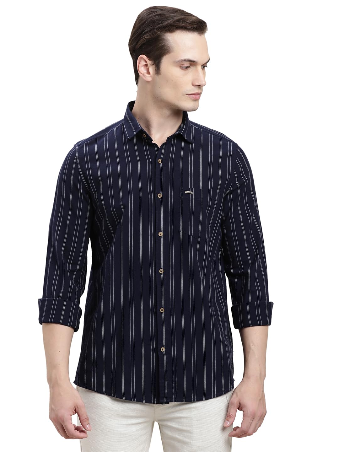Turtle Men Blue Slim Fit Stripes Handwoven Casual Shirt