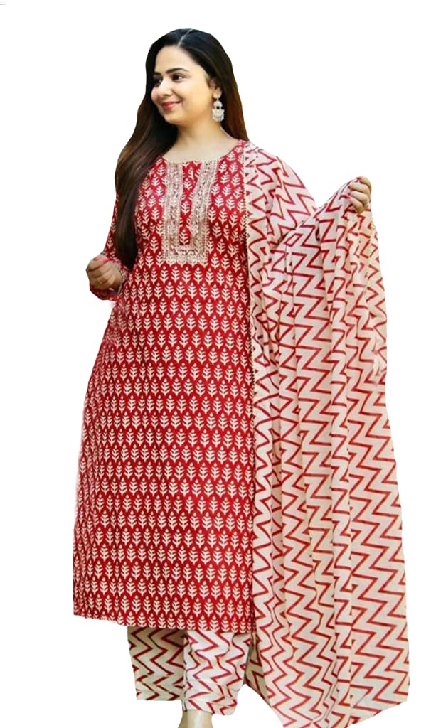 ANNI DESIGNER Women's Cotton Straight Kurta with Palazzo & Dupatta (SEWALI RED_XXL_Red_XX-Large)