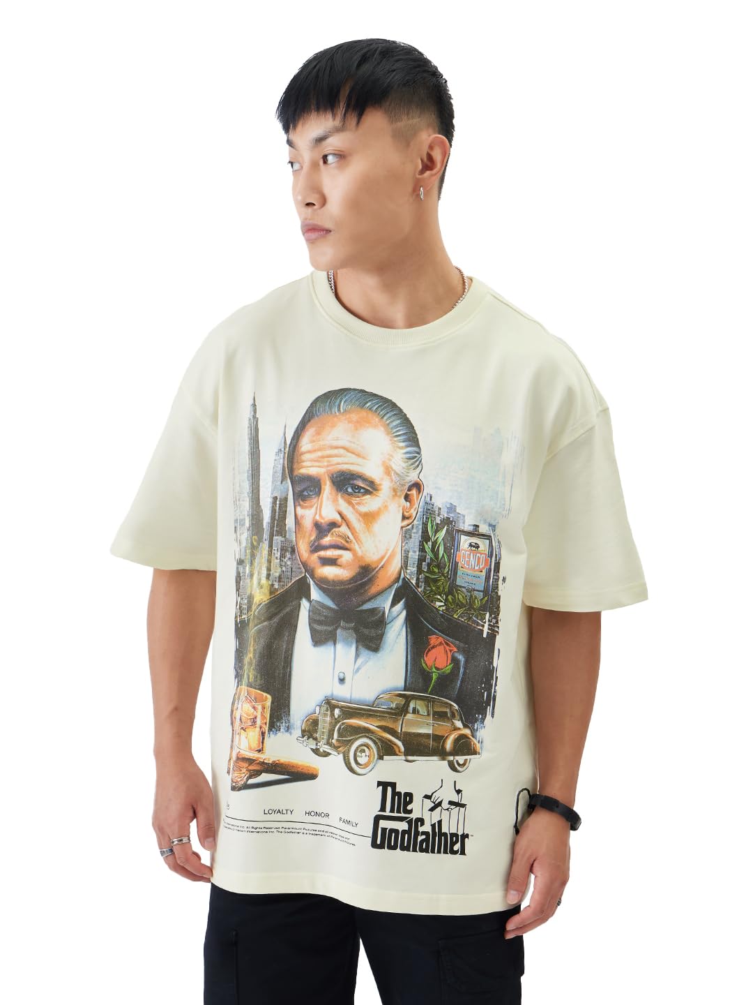 The Souled Store Official The Godfather: The Don Men and Boys Short Sleeve Round Neck White Graphic Printed Cotton Oversized Fit