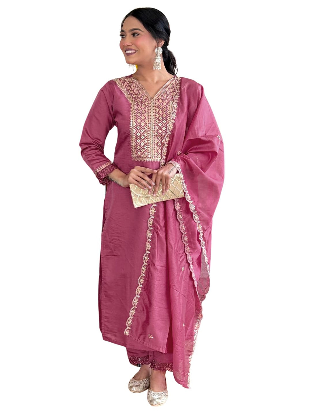 Naixa Womens Gajri Chanderi Viscose Embroidered Straight Kurta with Chanderi Viscose Pant and Chanderi Embroidered Laced Dupatt