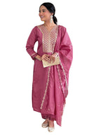 Naixa Womens Gajri Chanderi Viscose Embroidered Straight Kurta with Chanderi Viscose Pant and Chanderi Embroidered Laced Dupatt